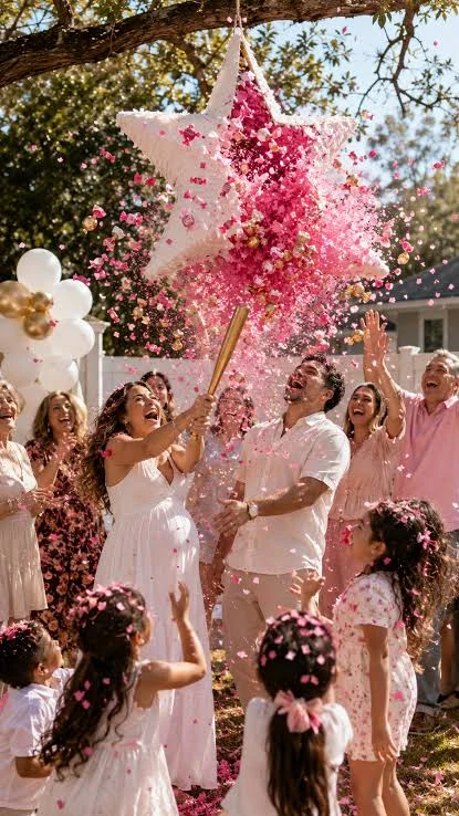 Gender reveal στον κήπο: έγκυος γυναίκα με λευκό φόρεμα σπάει με χρυσή ρόπαλο ένα αστερωτό pinata και ροζ confetti πέφτει πάνω της και στους καλεσμένους